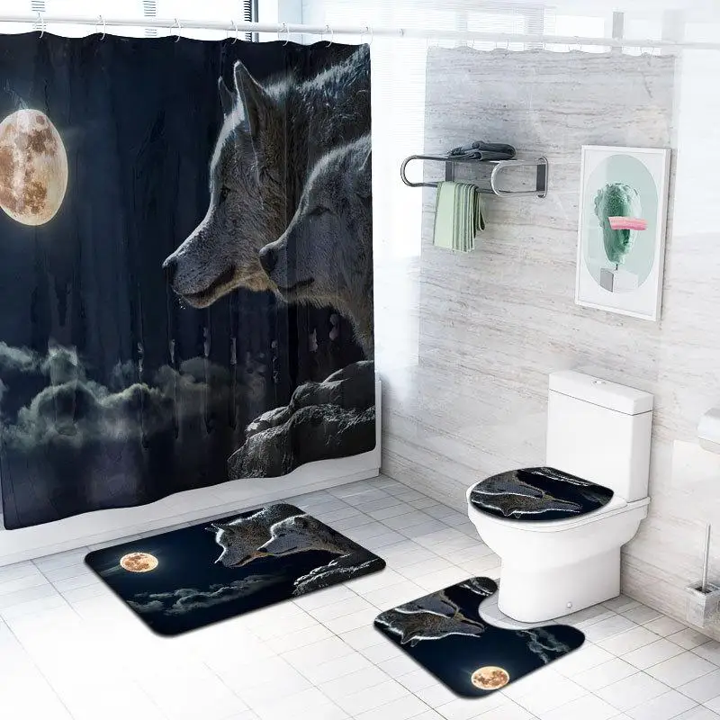 

Cartoon Bathroom Set Waterproof Shower Curtain Toilet Cover Mat Non Slip Rug Bathroom Curtain and Mat Anti-skidding 4PCS/Set