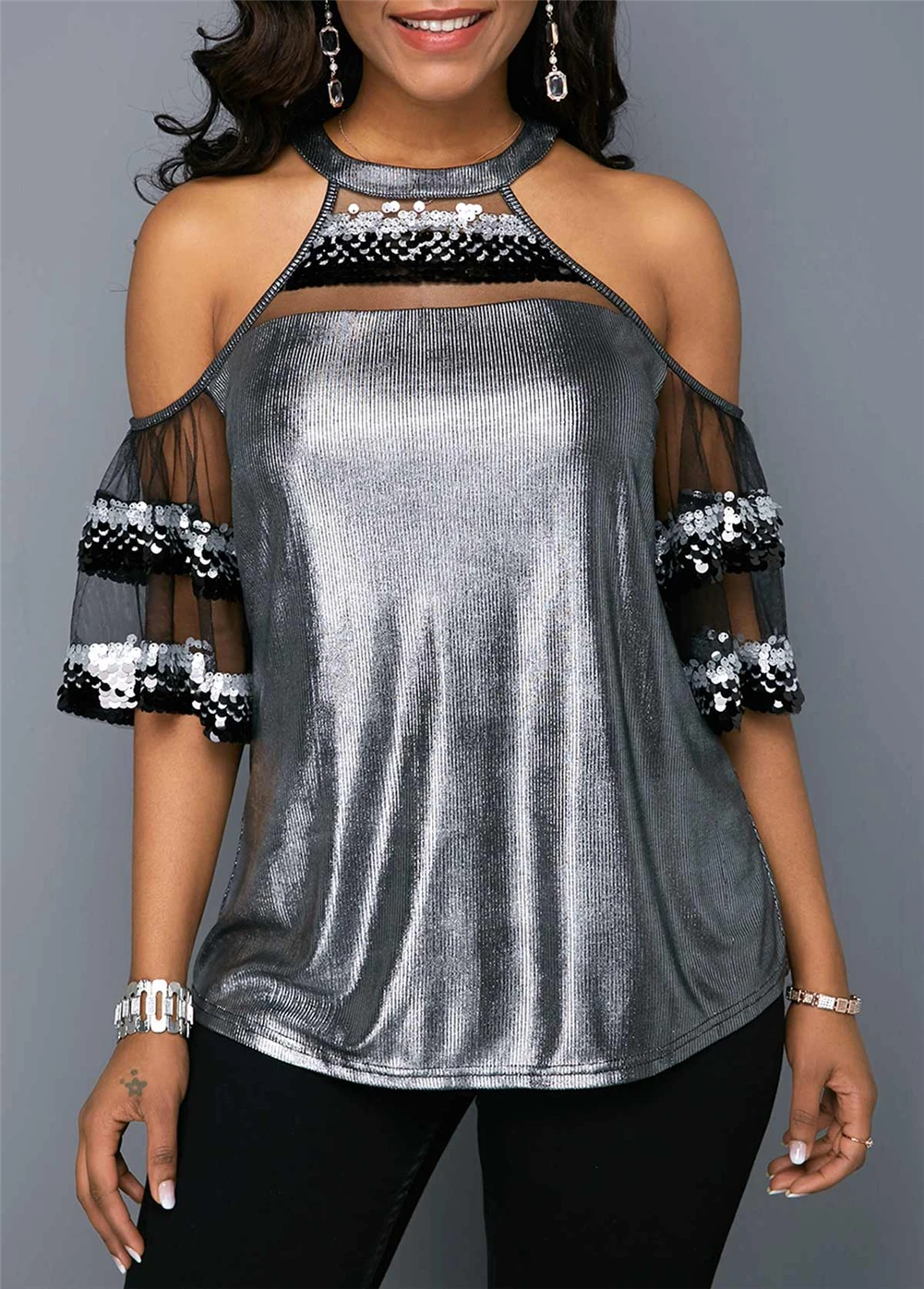 Женская сетчатая блузка с блестками топы женские открытые лоскутные модные рубашки с оголенными плечами с коротким рукавом летняя одежда Модная рубашка
