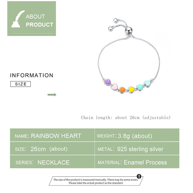 

bamoer Rainbow Color Enamel Heart Bracelet for Women Heart-shape 925 Sterling Silver Chain Bracelet Anti-allergy Jewelry SCB158