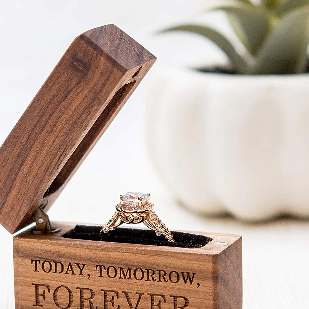 

Wood Engagement Ring Bearer Box Rustic Custom Bride & Groom Wedding Ring Box Pillow Engraved Rectangle Gift Wooden Jewelry Box
