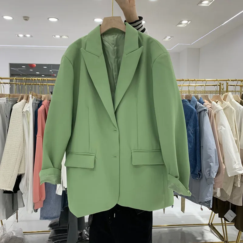 

2021 Spring Notched Single-breasted Full Loose Green Suit Fashion Autumn Pocket Coat High Quality Office Lady Blazer