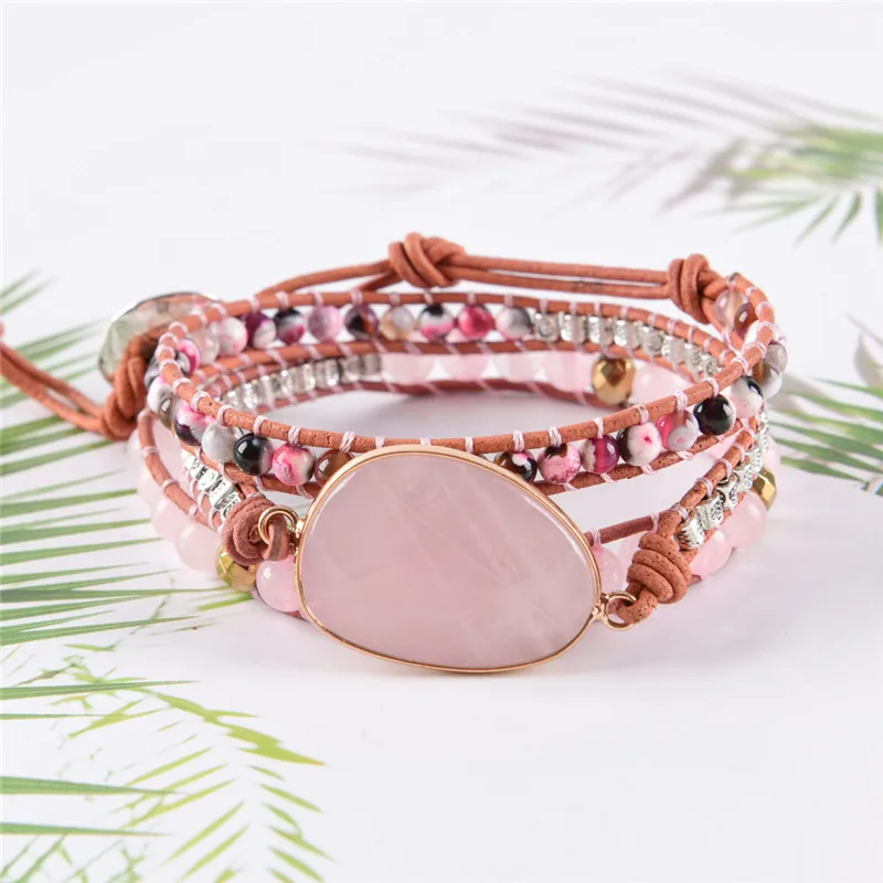 Роскошный кожаный браслет натуральные камни бусы плетение эффектный Boho Femme Homme