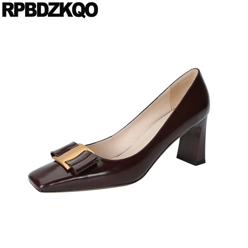 

Bow 3 Inch 2021 Square Toe Wine Red Celebrity Pumps Genuine Leather Ivory Modern Dress Shoes Women Block Patent Party High Heels