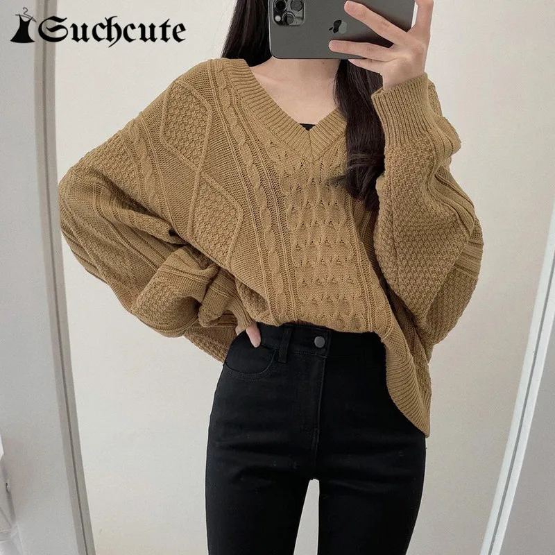 

SUCHCUTE Women Vintage Sweaters Winter V Neck Long Sleeve Casual Pullovers Knitwear Ladies Warm Retro Sweater Tops Streetwear