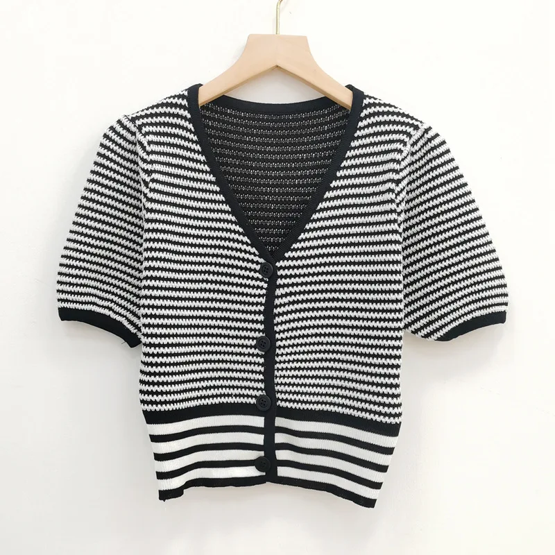 

Korean Style New Women Knitted Sweater Open Stitch Striped High Waist Short Top V-neck Short-sleeved Wild Sweater Factory Spot