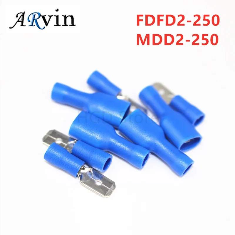 

100 шт. 50 пар 6,3 мм 16-14AWG гнездовой + Штекерный разъем для электропроводки ОБЖИМНАЯ Изолированная клемма лопаточный синий FDFD2-250 MDD2-250