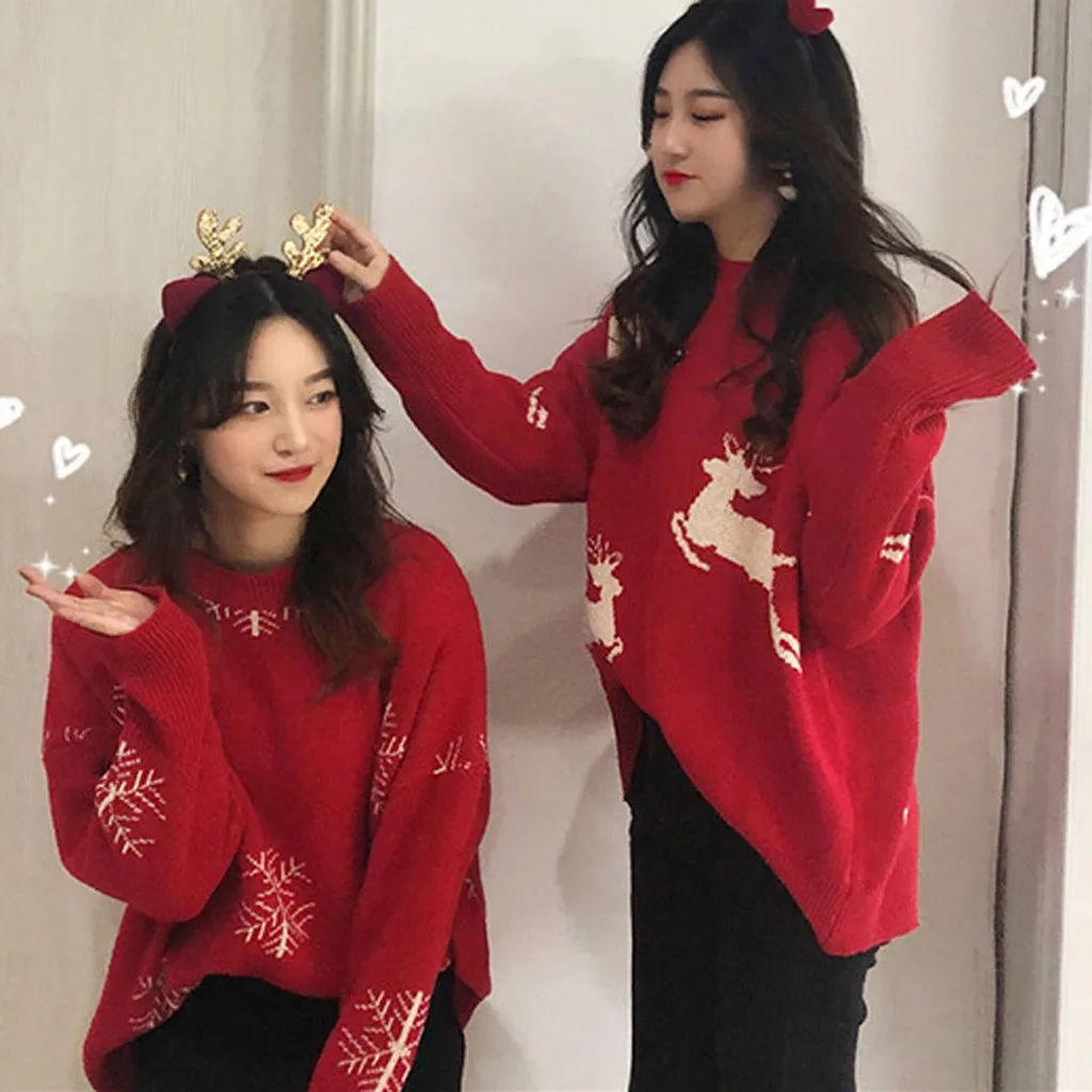 Christmas Women Sweater Santa Claus Reindeer Printed O-neck Long Sleeve Women Pullovers Winter Jumpers Knitwear Sweater