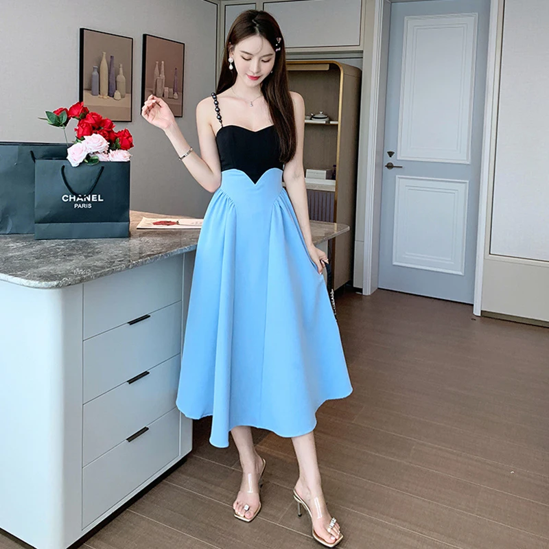 

Fashion French Vintage Sexy Strap Sleeveless Midi Party Dress Ladies OL Elegant Coffee Break Robe Backless Beach Vacation Dress