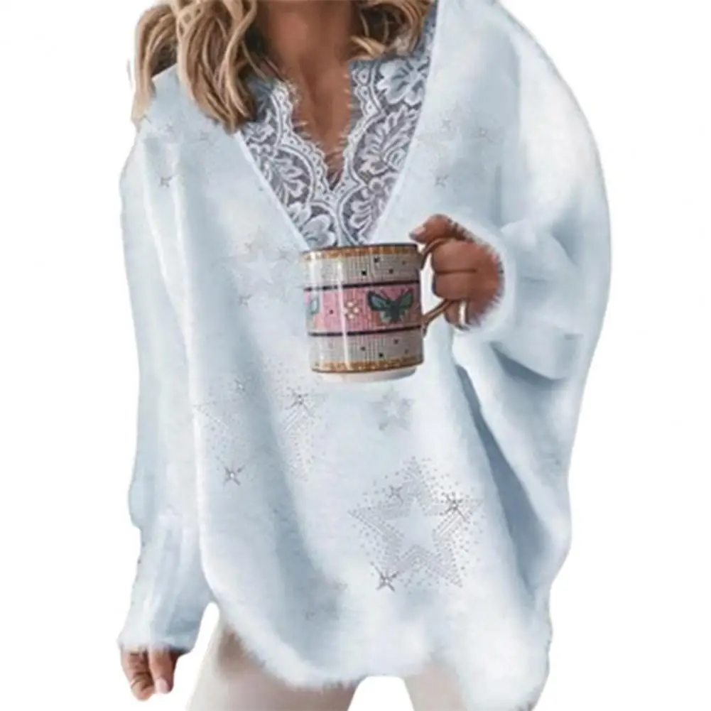 

Women Sweater Solid Color Lace Neckline Autumn Winter Five-pointed Star Pattern V Neck Sweater for Daily Wear Women Jumper