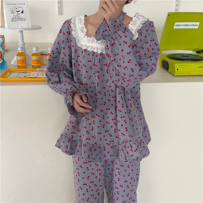 

Women Fashion Cherry Print Pajamas Cotton Linen Ruffle Sleepwear Autumn Blouses+Trousers 2pcs Pullover Casual Homewear