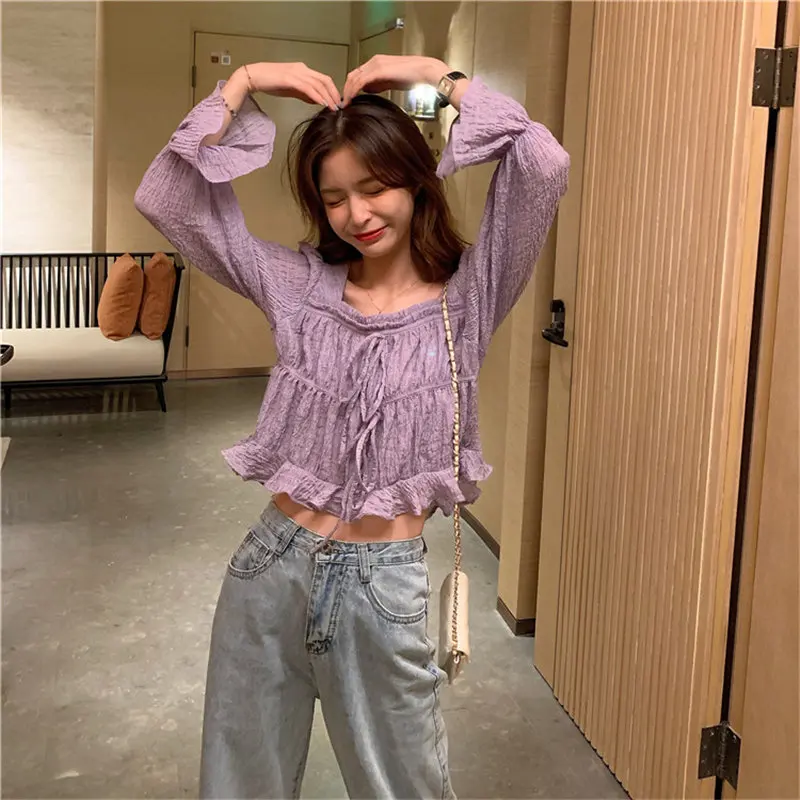 

Women Purple Ruffles Tops Flare Sleeves Thin Shirts High Waist Streetwear Female Fahsion All Match Solid Chic Blouses Plus Size