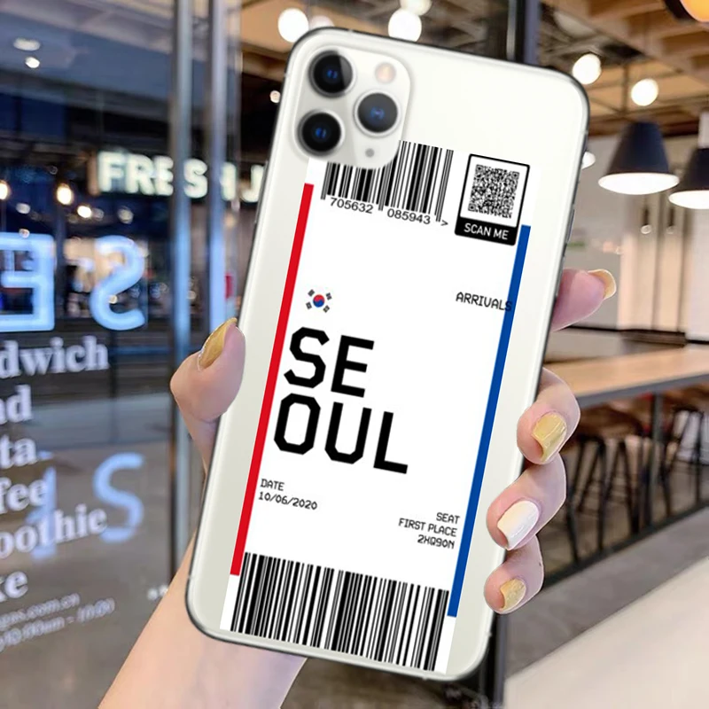 

York Paris Berlin London Seoul Boarding Fly Ticket Letter Clear Silicone Phone Cover Case For iPhone 11 12Pro MAX 6 7 8 6S XR XS
