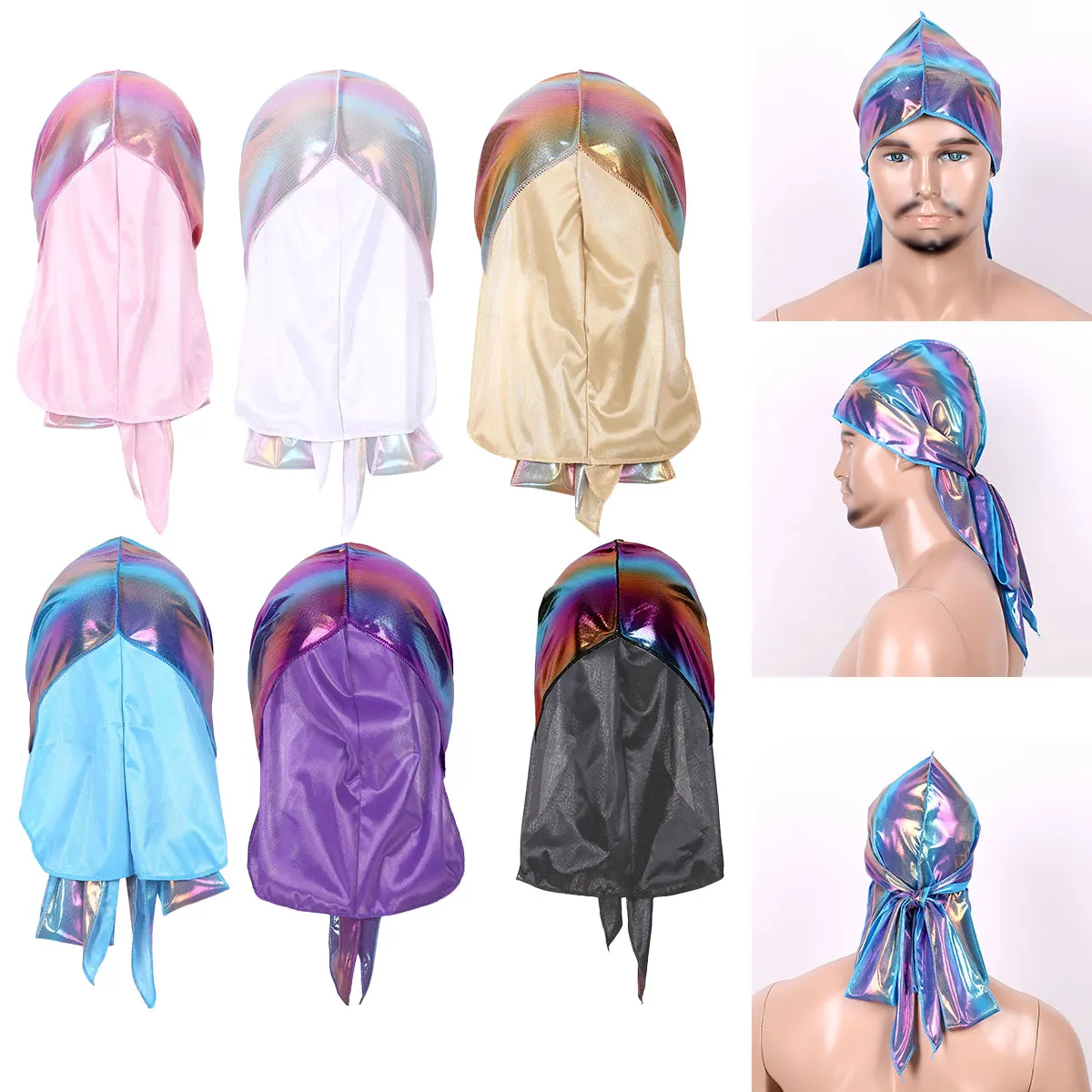 

Fashion Men or Women Extra Long-Tail Holographic Color Silky Durag Headwraps Headwear Bandana Turban Wig Cap Hip-Hop Accessories