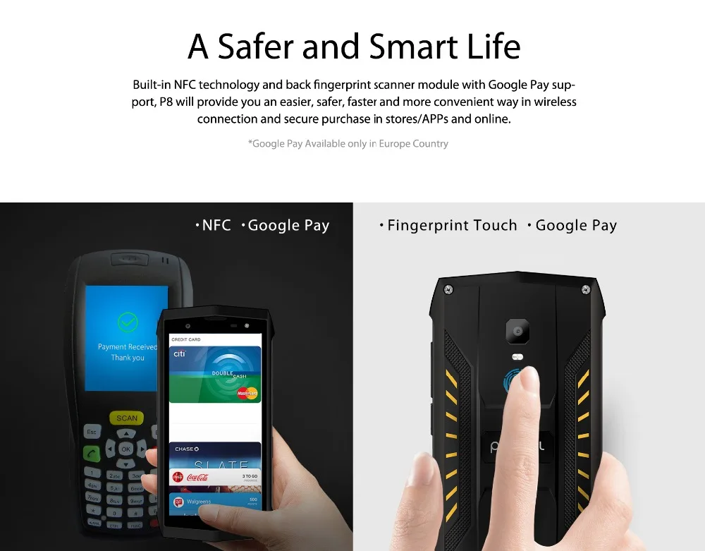 Poptel P8 5," IP68 водонепроницаемый смартфон Android 8,1 четырехъядерный мобильный телефон 2 Гб+ 16 Гб лицевая NFC 4G LTE мобильный телефон экономичный