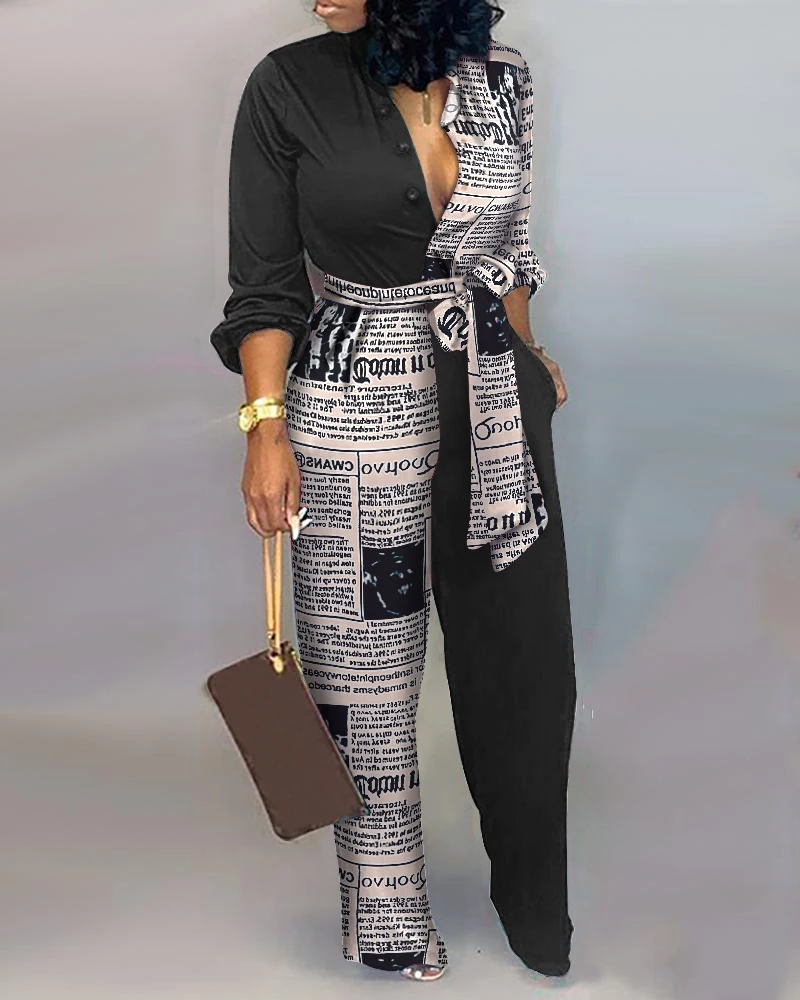 

Fashion Newspaper Print Jumpsuits Autumn 2021 new Lace-Up Full Sleeve Rompers High Waist Wide Leg Pants Overall Jumpsuits