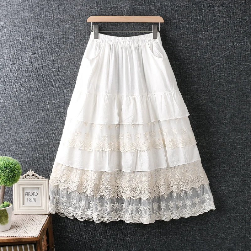 

Japanese style lace patchwork kawaii layers long cake skirt saia cotton 2020 autumn skirt lolita vintage saia