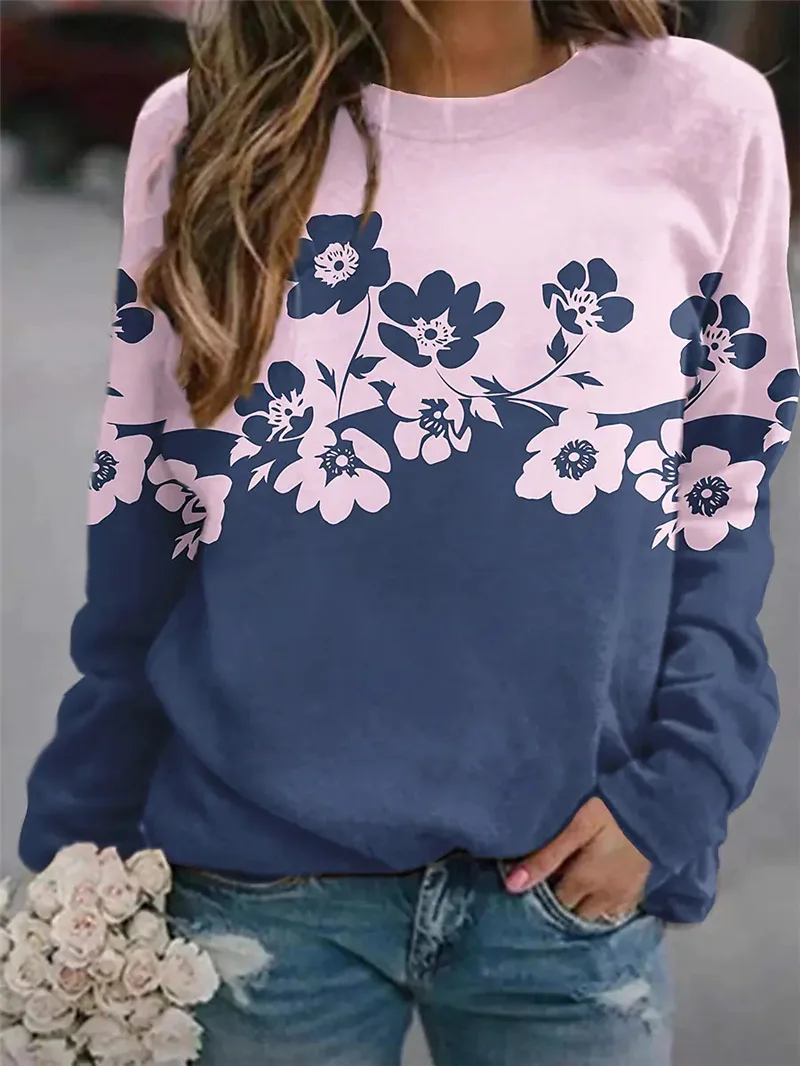 

Autumn retro black lady floral print pullover round neck casual loose pullover soft long-sleeved cute Japanese top sweater