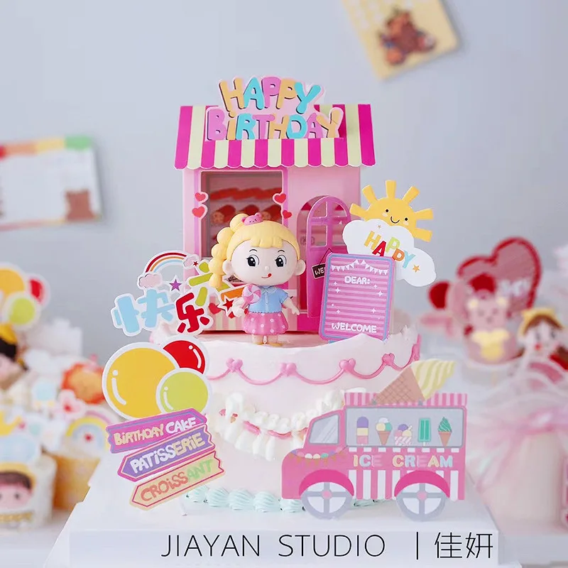 

Cake Topper Boy And Girl Birthday Party Decoration Toy Cartoon Doll Dress Up Sister Younger Brother Skateboarding Cake Supplies