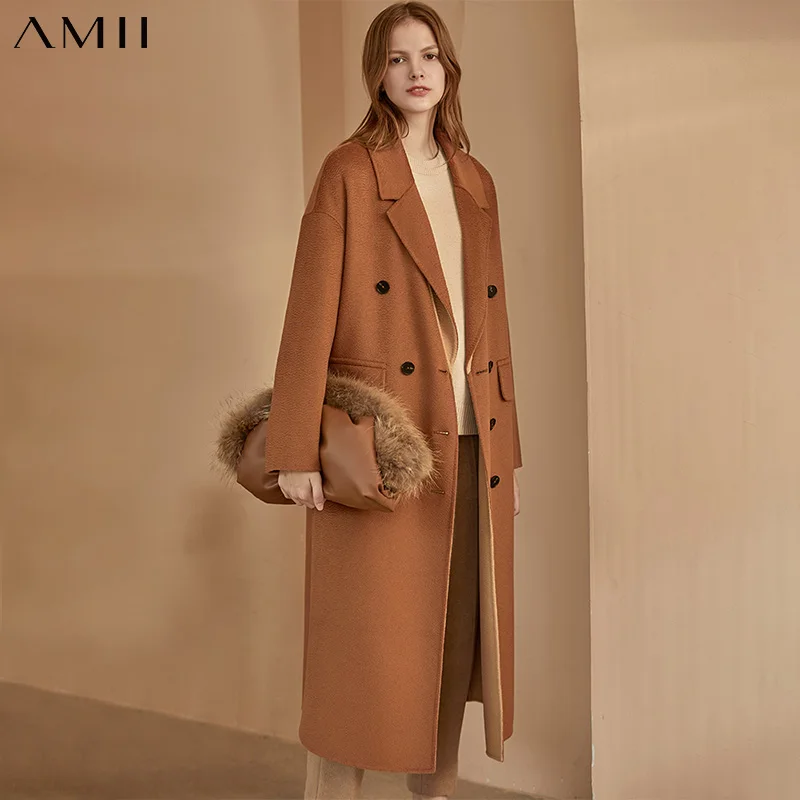 Amii Женское шерстяное пальто зимнее модное однотонное двухстороннее с лацканами