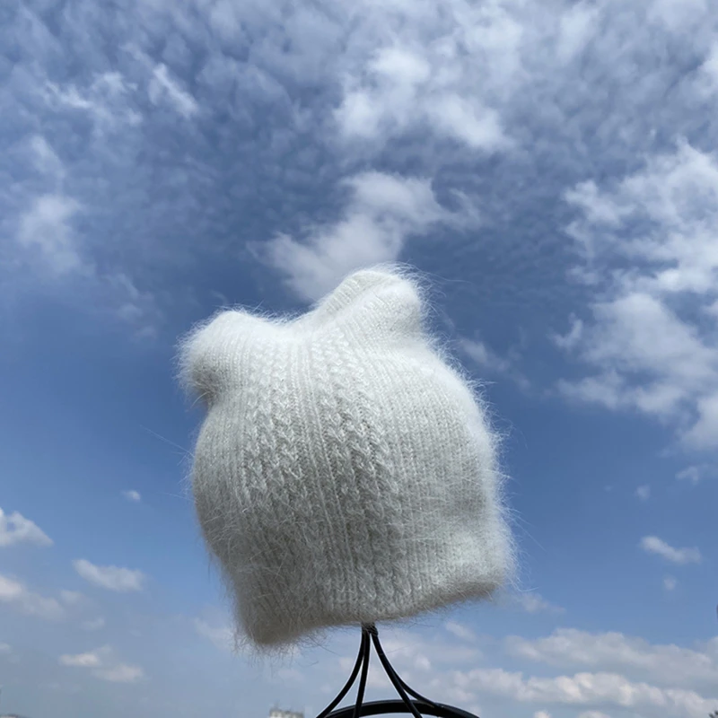 2022 Winter Angora Rabbit Keep Warm Knitting Cat Ear Cute Leisure Lady Skullies Beanies Cap Men Women Knitted Hat Balaclava |