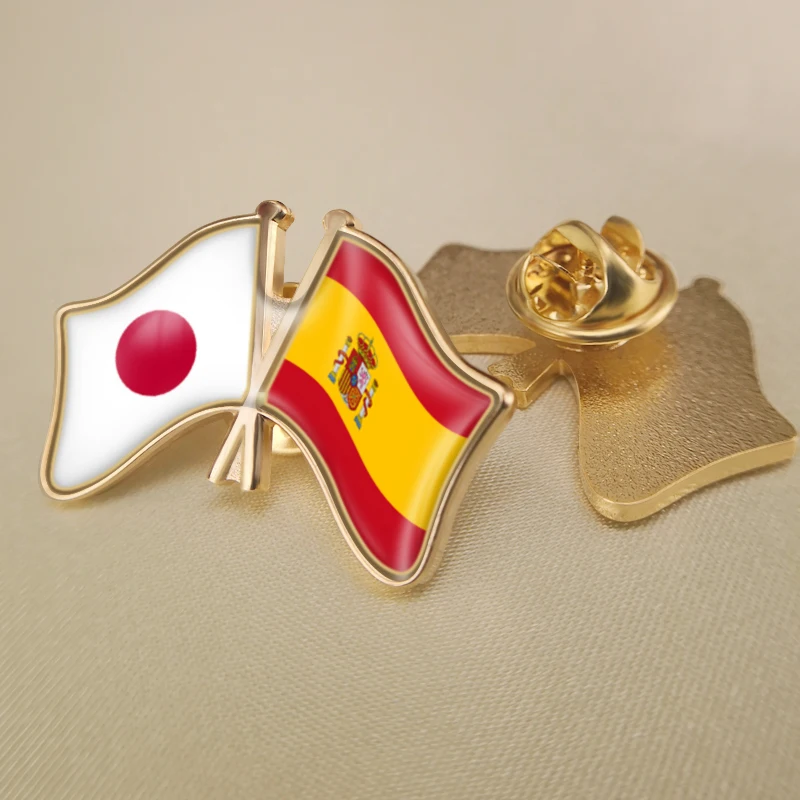 

Japan and Spain Crossed Double Friendship Flags Lapel Pins Brooch Badges