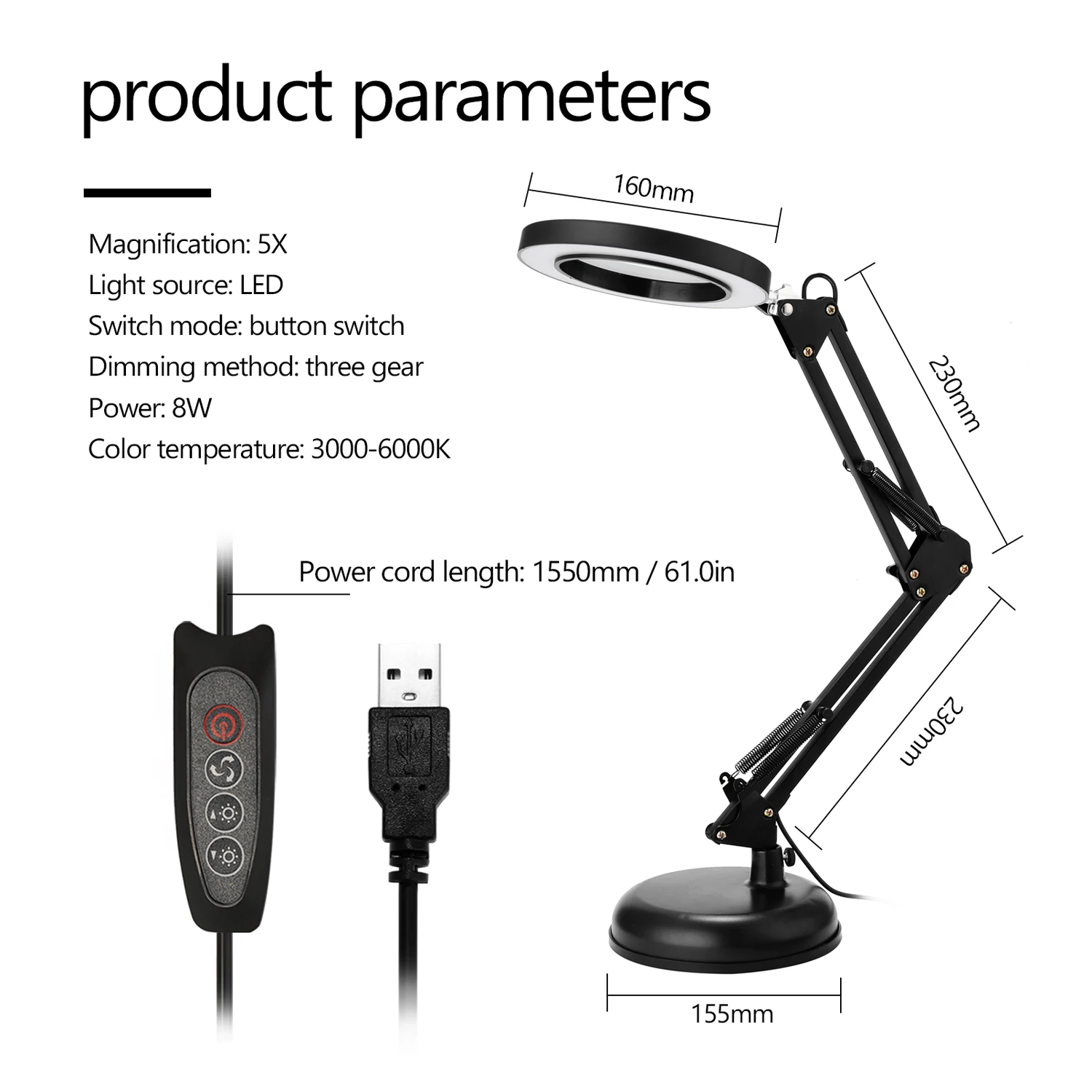 5X увеличительное Стекло настольная лампа лупа со светодиодной подсветкой