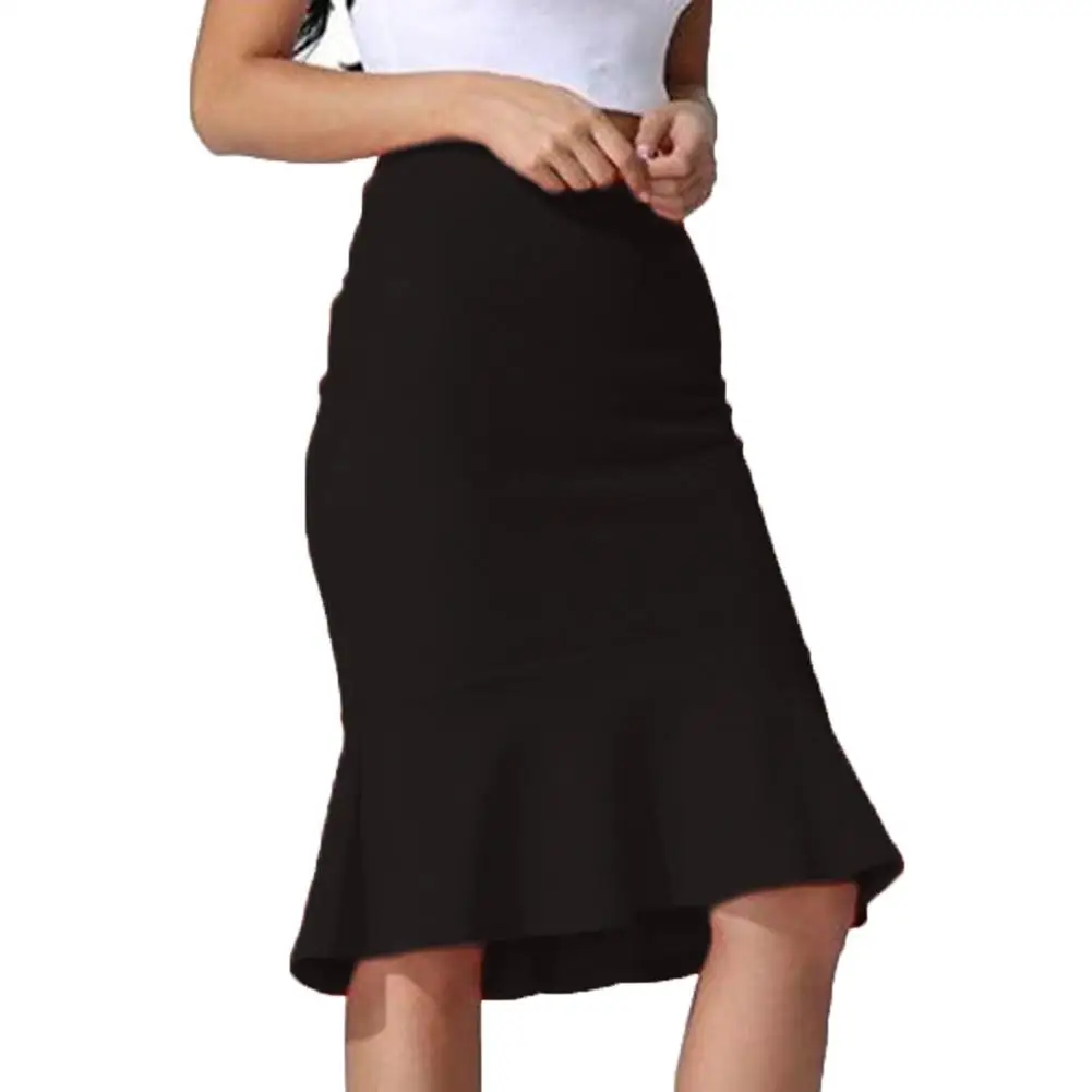 

Summer Fashion Women High Waist Skirt Solid Color Large Size Knee Length Trumpet Skirts Lady Office Wear Skirts