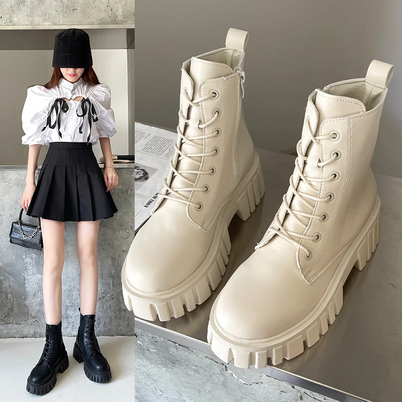 

2021 New Mid Calf Boots Women Autumn Winter Fashion Lace-up Zipper Botas Mujer Boots Sports Platform Heel Ladies Shoes