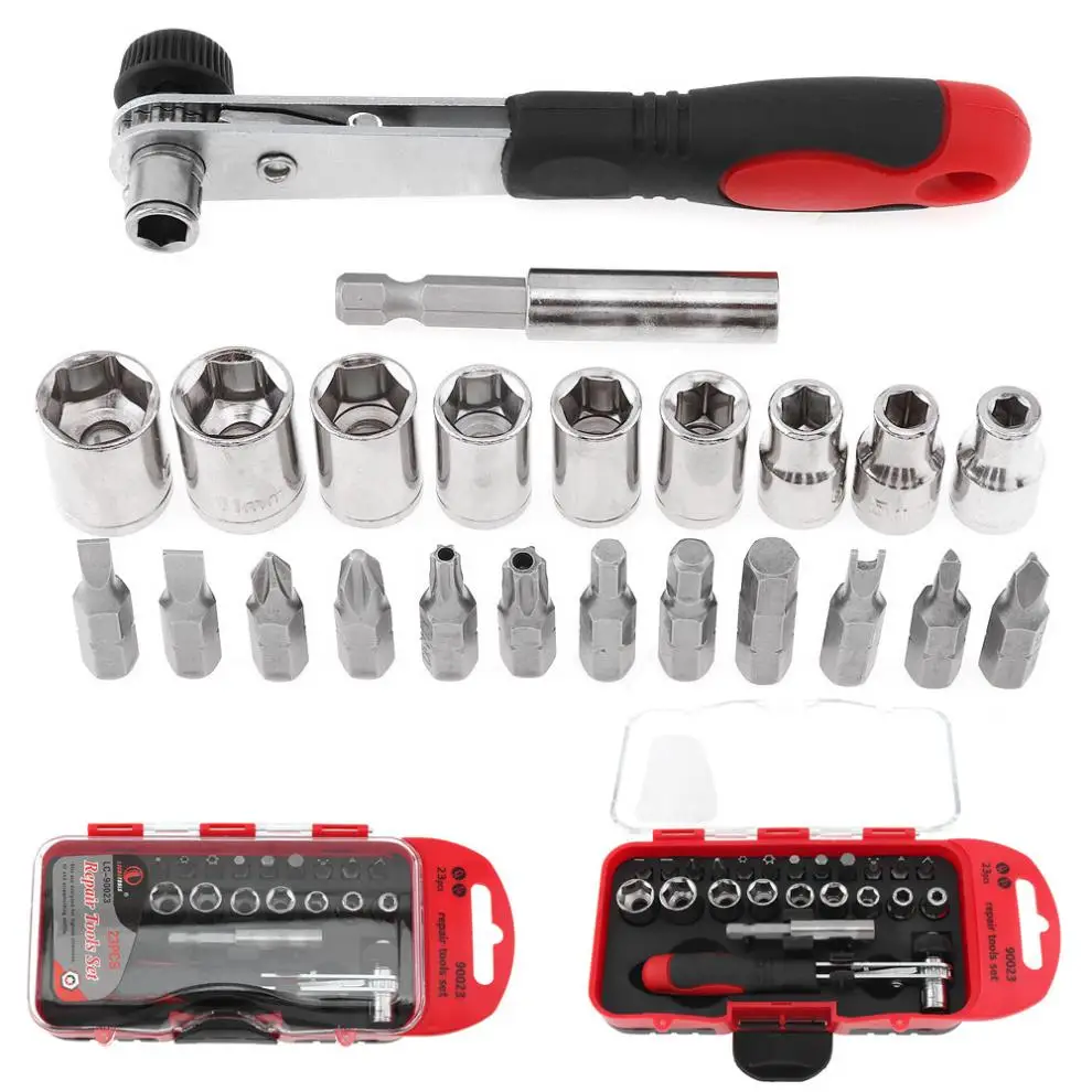 

Carbon Steel Portable 23pcs Multifunction CR-V 1 / 4 " Tools Kit with Plastic Box for Motorcycle / Car Repair