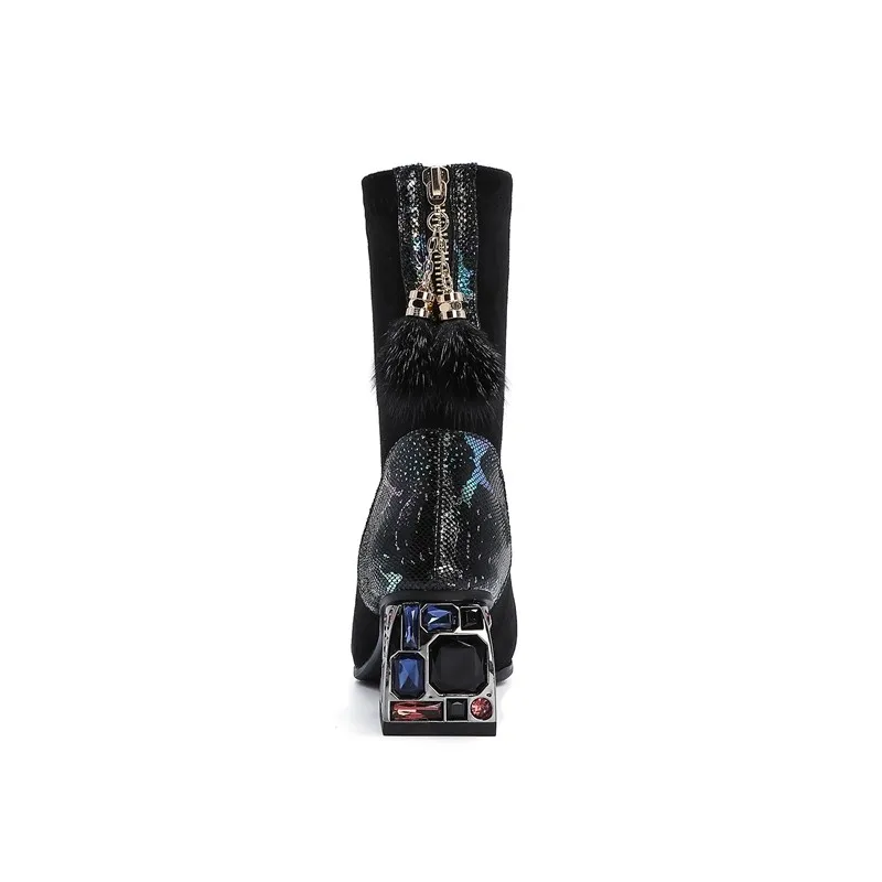 

2020 Winter long boots women over the knee thigh high boots square toe Rhinestone block high heels fur tassel black big size 42