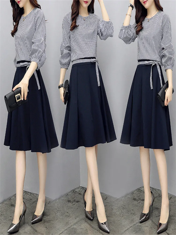 

Женский комплект из двух предметов, модные женские комплекты, Женский комплект с юбкой, топ в клетку с круглым вырезом и юбка, Женский костюм...