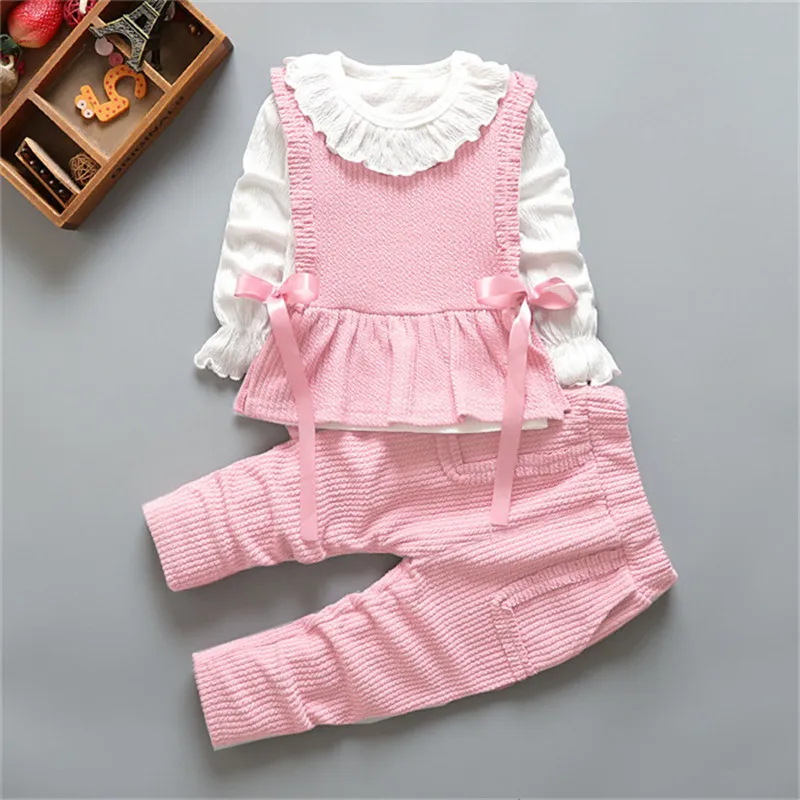 

Baby girl clothing new ribbon sweet and cute three-piece pink bowknot cotton casual baby clothes girl clothes baby girl suit