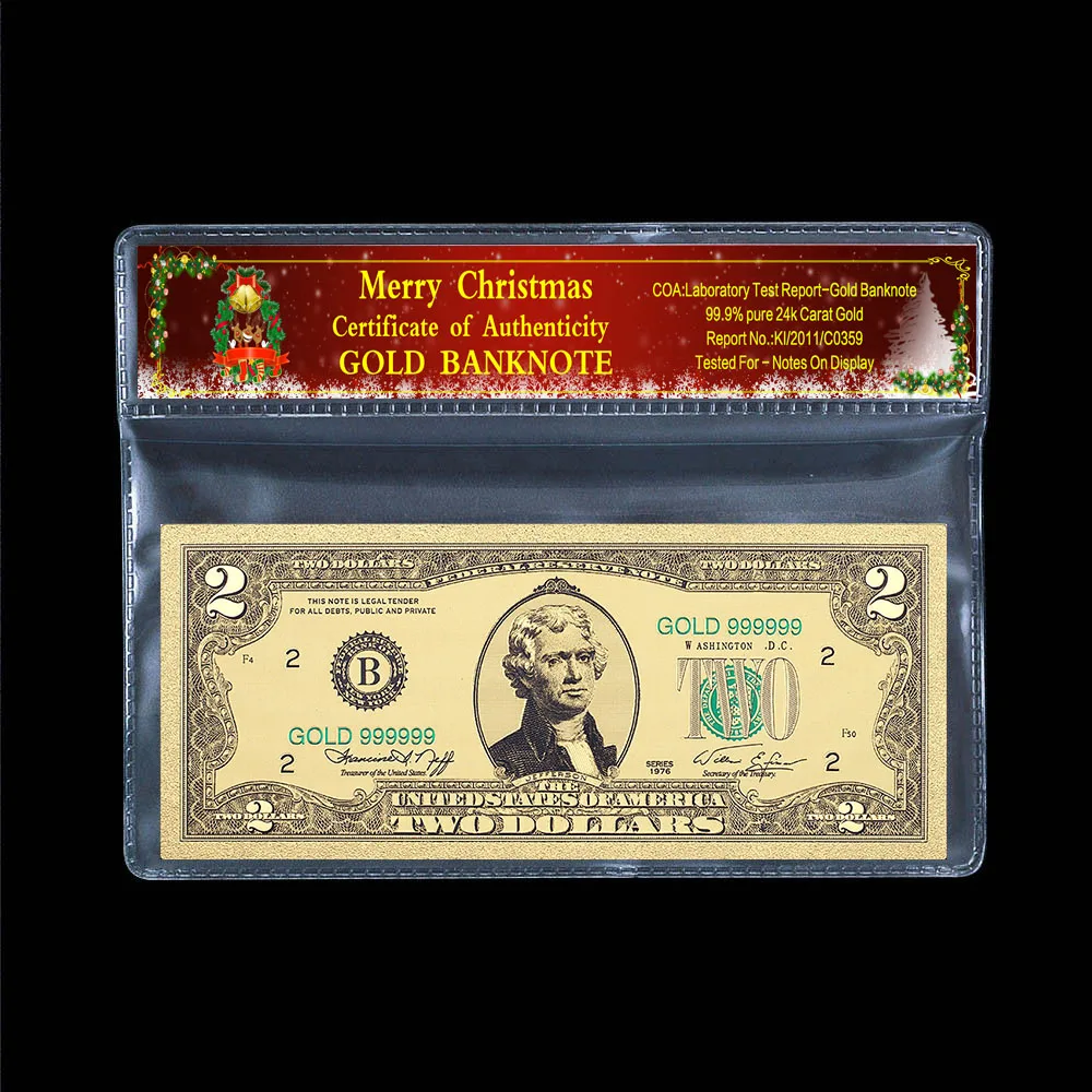 2 шт. купюры в виде двух американских долларов 24 К позолоченные с пластиковой