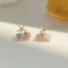 Милые женские круглые серьги с кристаллами и жемчугом, классические золотистые свадебные серьги для женщин, очаровательные серьги-гвоздики с Морской звездой