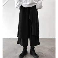 womens trouser skirt summer new solid color elastic waist irregular false two design straight leg pants wide leg pants