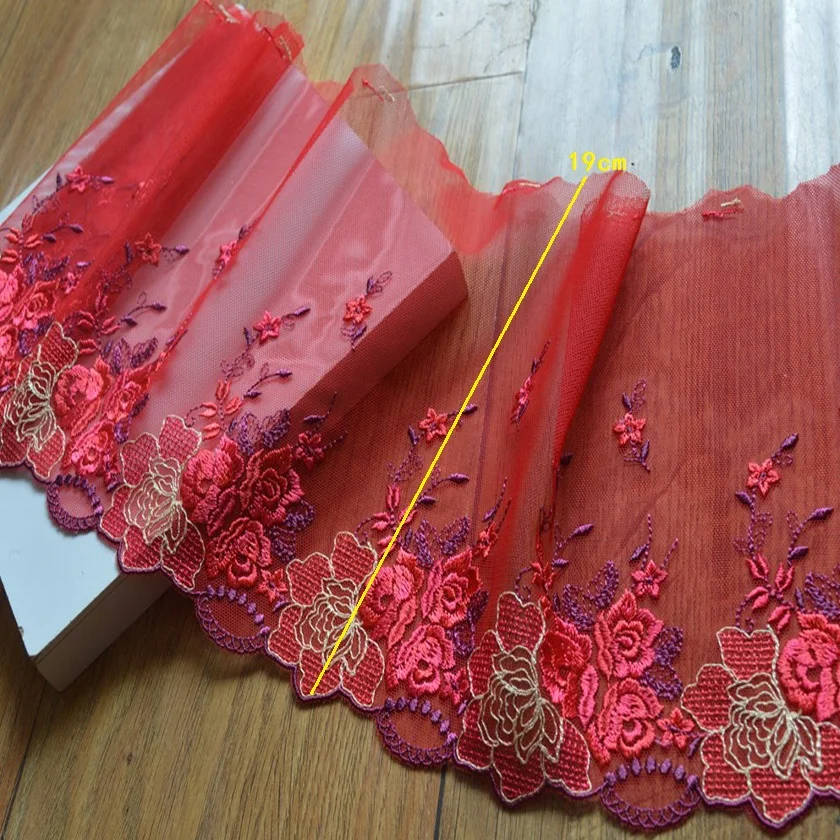 2 ярда/партия флуоресцентная красная сетка 16-19 см с цветочной вышивкой
