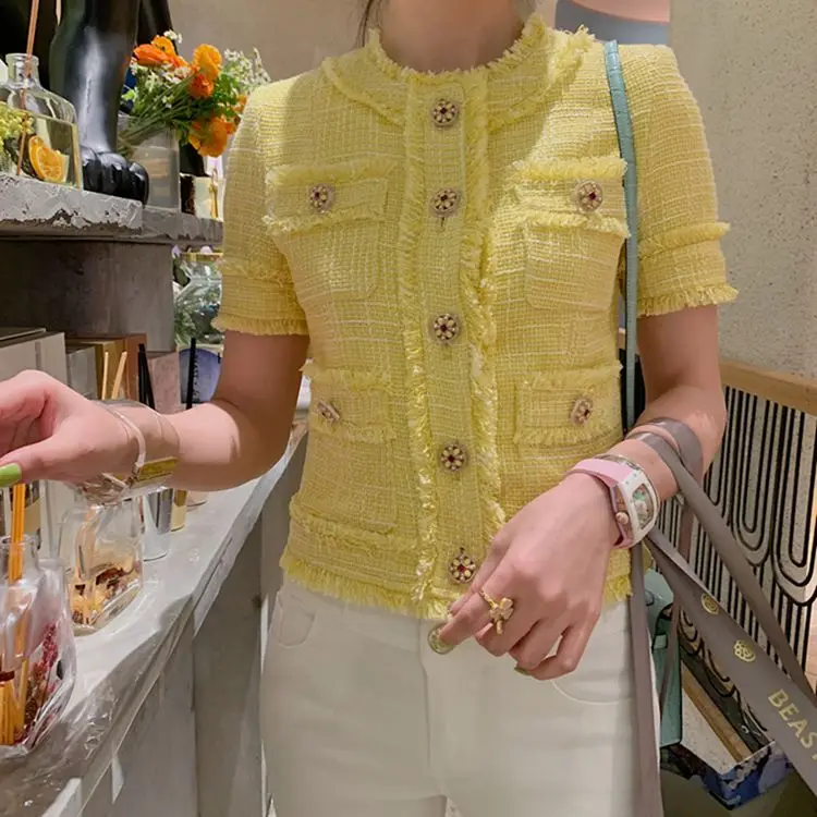 

New designer duds fabrics of high order small sweet lemon yellow coat pure manual tassel with short sleeves