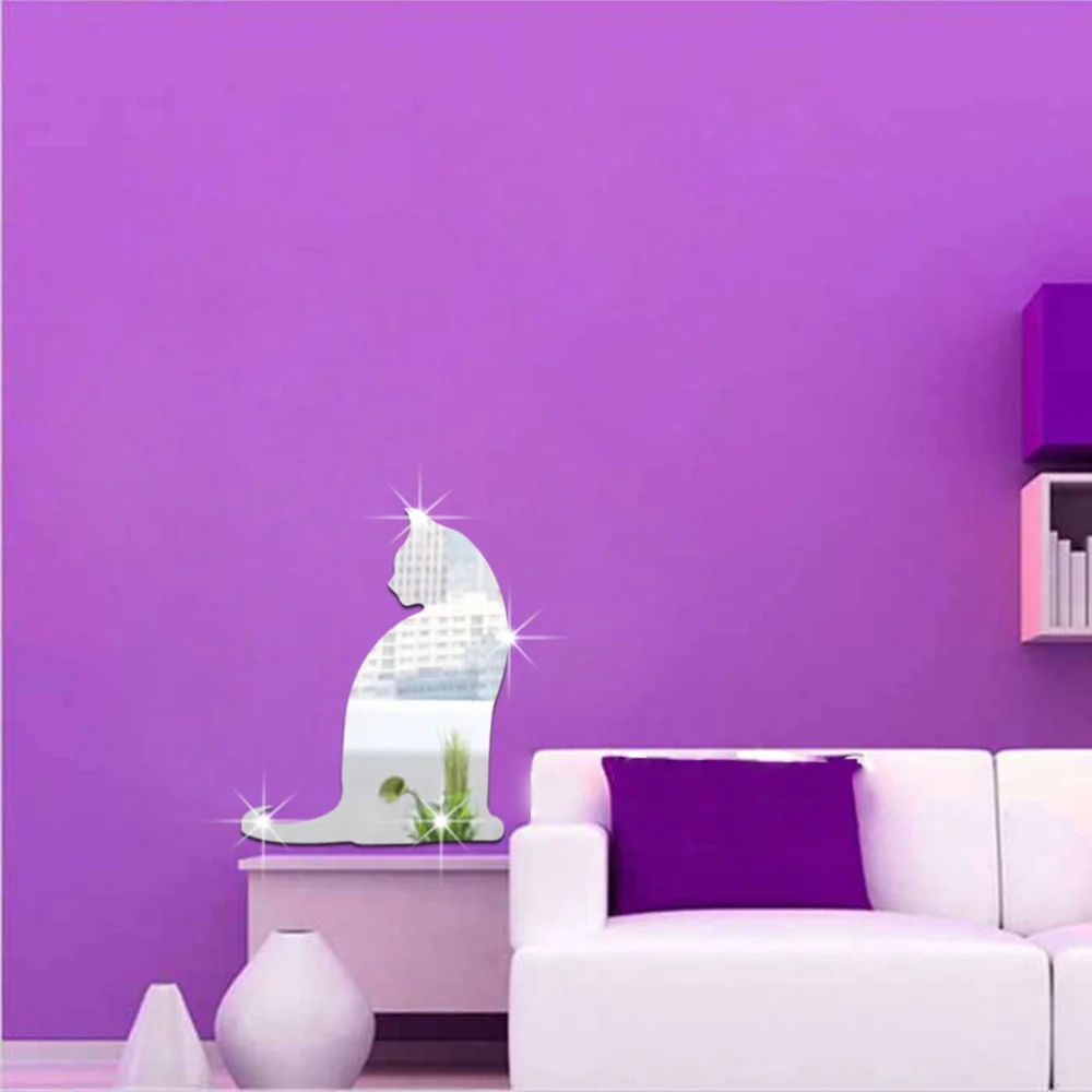 

DIY Acrylic Art Sticker Cat Pattern Mirror Surface Wall Sticker Collage Home Bedroom Office Decor Mural Decoration (Silver)