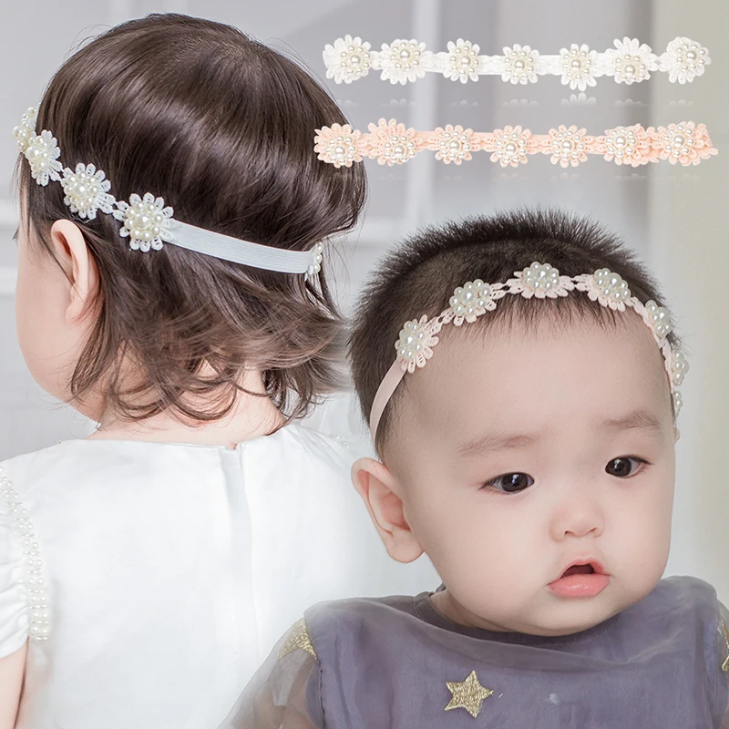 

Повязка на голову с жемчугом и цветами для новорожденных