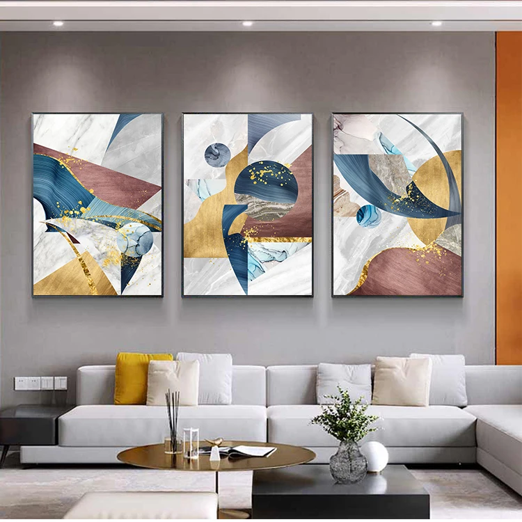 Золотая Геометрическая синяя мраморная текстура Холст Плакаты Абстрактная