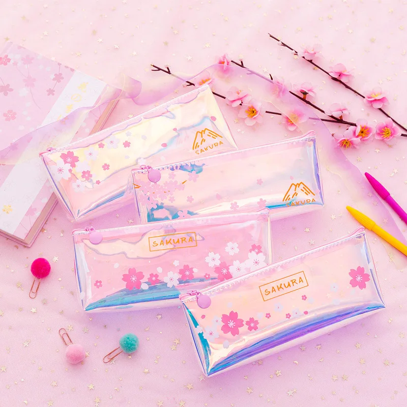 

Cute Pencil Case Kawaii Cherry Pencil Pouch Creative Laser Pen Case For Girls Gifts Back To School Office Supplies Stationery