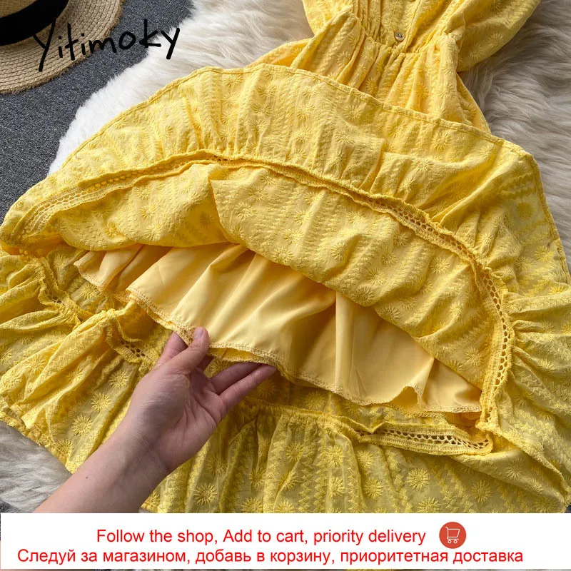 

Yitimoky Ruffles High Waist Spaghetti Strap Dresses Women Sleeveless A-Line Unicolor Clothes 2021 Summer Korean Fashion Yellow