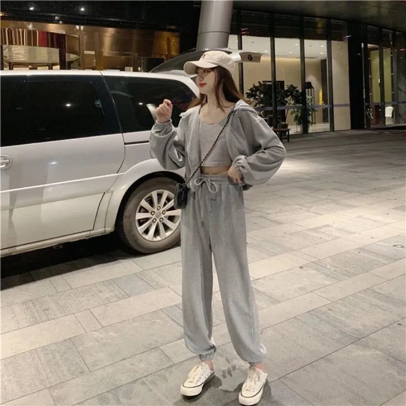Women 3 Piece Set Solid Color Zip Hooded Drawstring Sweatshirts + Sexy vest+ Stretch Waist Casual Pants Fashion Suit tracksuit |