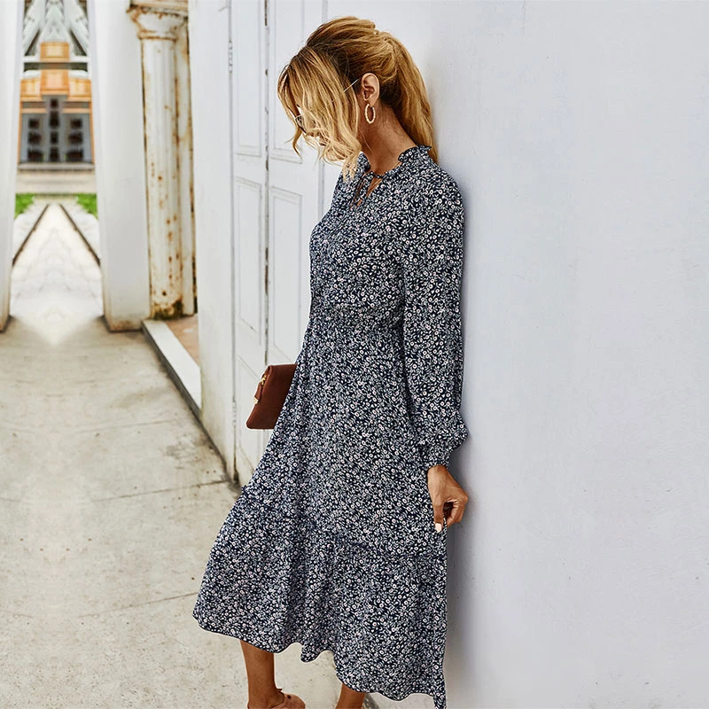

Autumn Winter Ladies Casual Floral Print Dress Women Full Sleeve Lace Up V-neck High Wasit Long Vintage Dress Female 2021 New