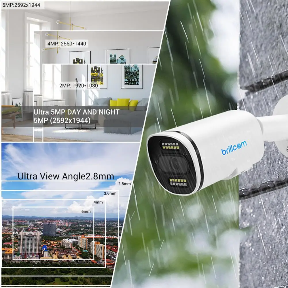 Brillcam 5MP UHD двойной светодиодный Пуля IP Камера с 2 8 мм Len PoE IP67 всепогодный AI SD слот