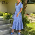 Celmia летнее платье Bohmian 2021, женский сарафан средней длины с оборками и цветочным принтом, повседневные платья на пуговицах с коротким рукавом, платье