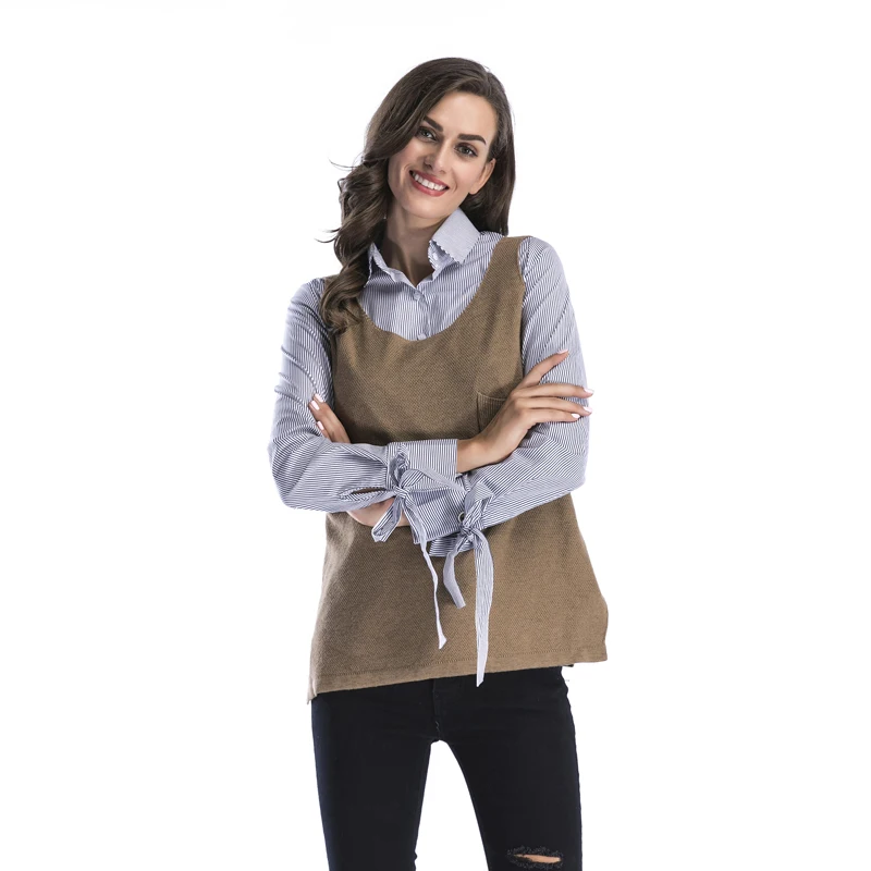 Осенний новый вязаный жилет с круглым вырезом свитер пальто Женский пуловер без