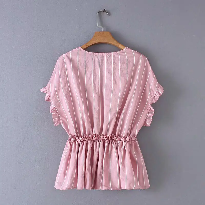 

2019 women fashion agaric lace striped blouse shirts women cross v neck ruffles chemise chic casual femininas blusas tops LS3343