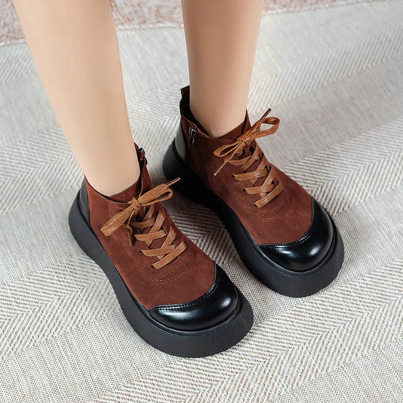 

British Style Ankle Boots Women Autumn Round Toe Thick Bottom Platform Boots Woman Lace-up Zipper Casual Short Botasdf4