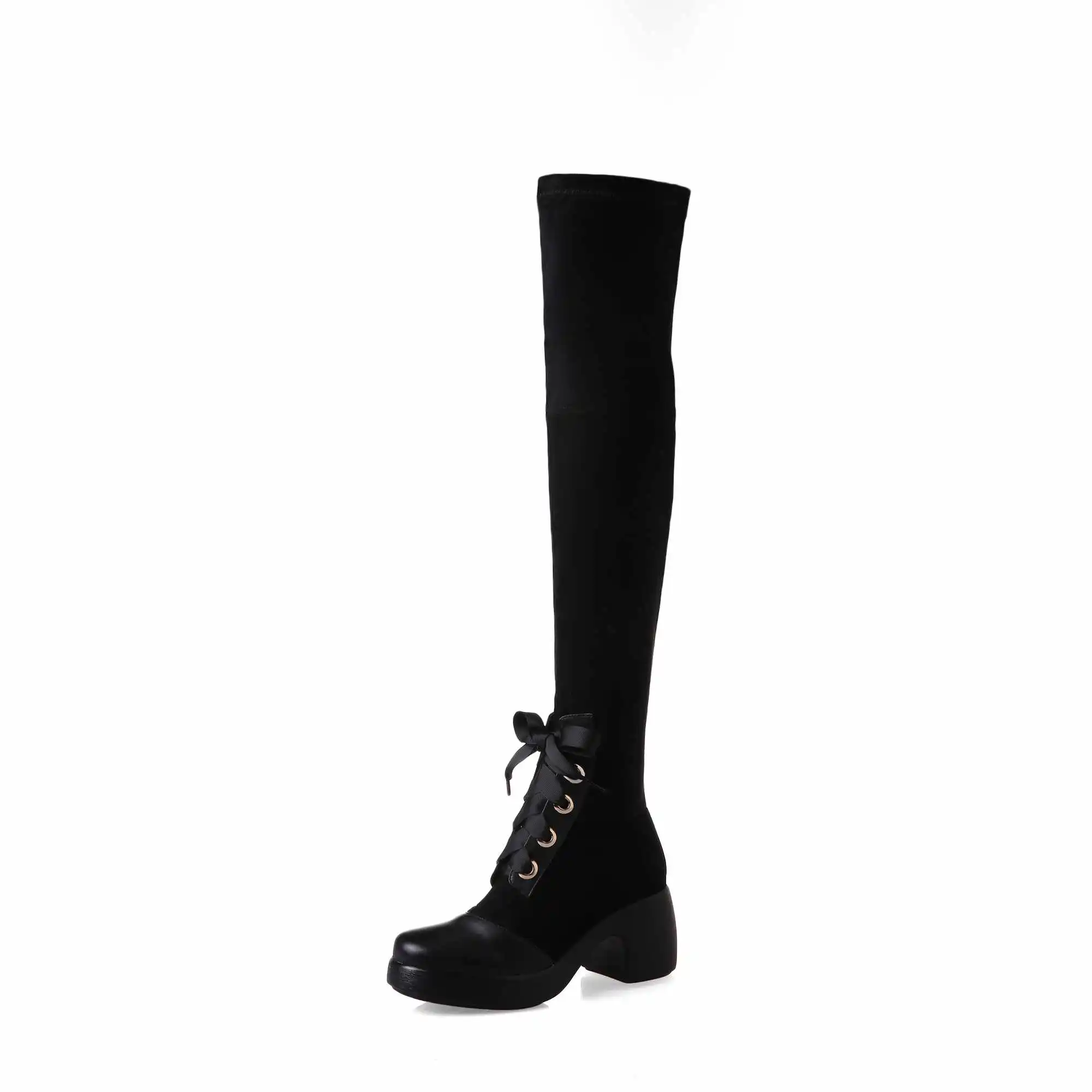 

Lenkisen Korean girl popular stretch boots round toe high heels thick bottom winter women fashion lace up over-the-knee bootsL33